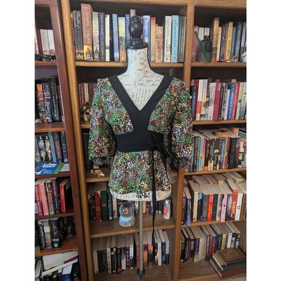 Ted Baker London Women’s 5 US 10-12 Multi Color Puff Sleeve Peplum Blouse Top - Picture 1 of 5